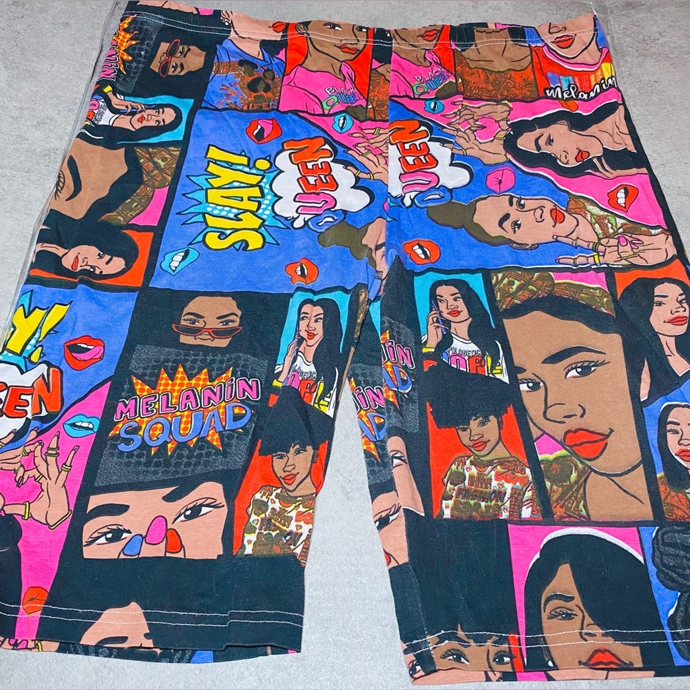 On Fire Women’s Slay Queen Plus Size  Comic Strip Print‎ Biker Shorts 3x